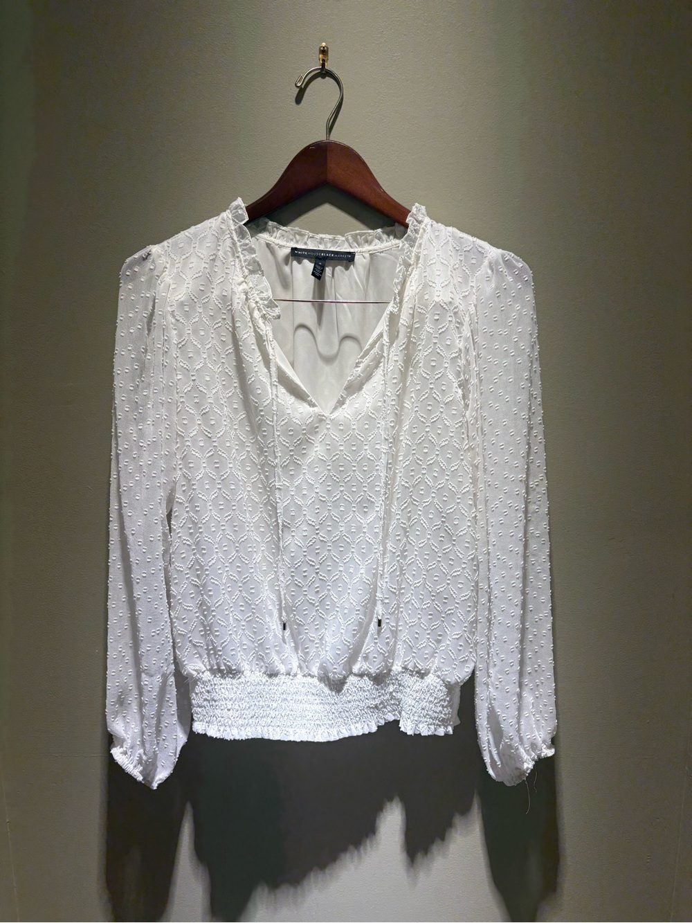 WHBM White Textured V-Neck Peasant Blouse with Sheer Sleeves- Womens
